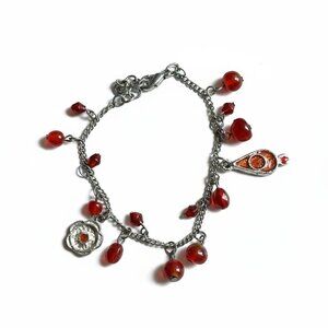 VINTAGE - Charm bracelet - Rubis Red beads - flower - Rolo chain dark